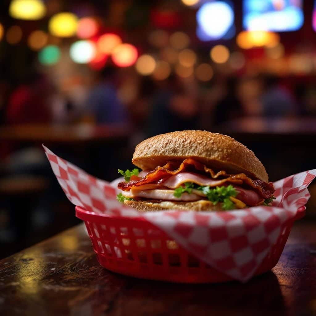 Jimmys club sandwich on a bar table 
